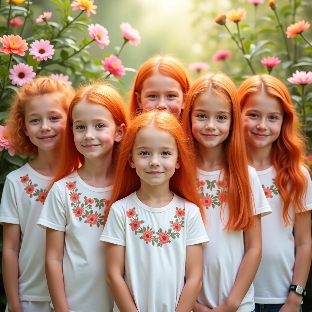 Seven girls with vibrant orange hair stand together. Each has a soft features and wears a white shirt with floral designs. The background displays colorful flowers. Natural light enhances the scene, creating warmth. Expressions are calm and gentle. Some girls have pacifiers.