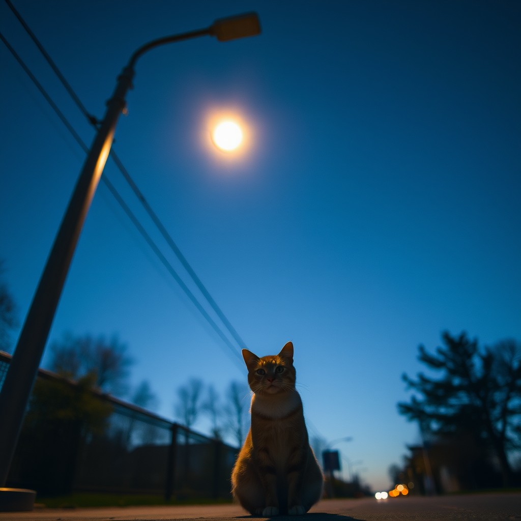 A cat sits under a streetlamp against a deep blue twilight sky.