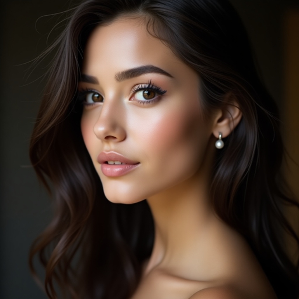 Image portrays a young woman with a serene expression. She has subtle makeup. Soft lighting casts gentle shadows on her complexion. Flowing dark hair frames her face. A delicate pearl earring adds sophistication.