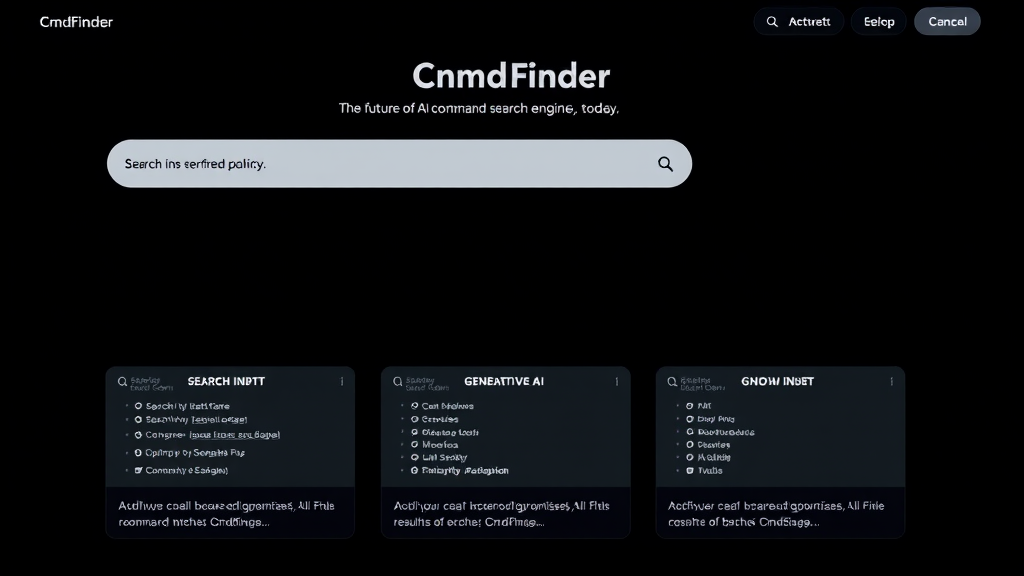 A dark-themed interface showcases 'CnmdFinder', an AI command search engine with segmented search input, generative AI, and growth input options.