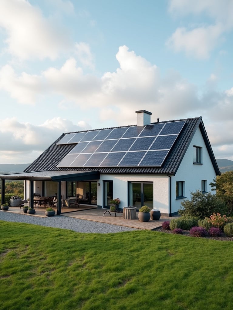 A modern house in Ireland with solar panels on the roof. The house is surrounded by a green lawn and has a contemporary design. The setting includes a deck with outdoor furniture. The sky is slightly cloudy.