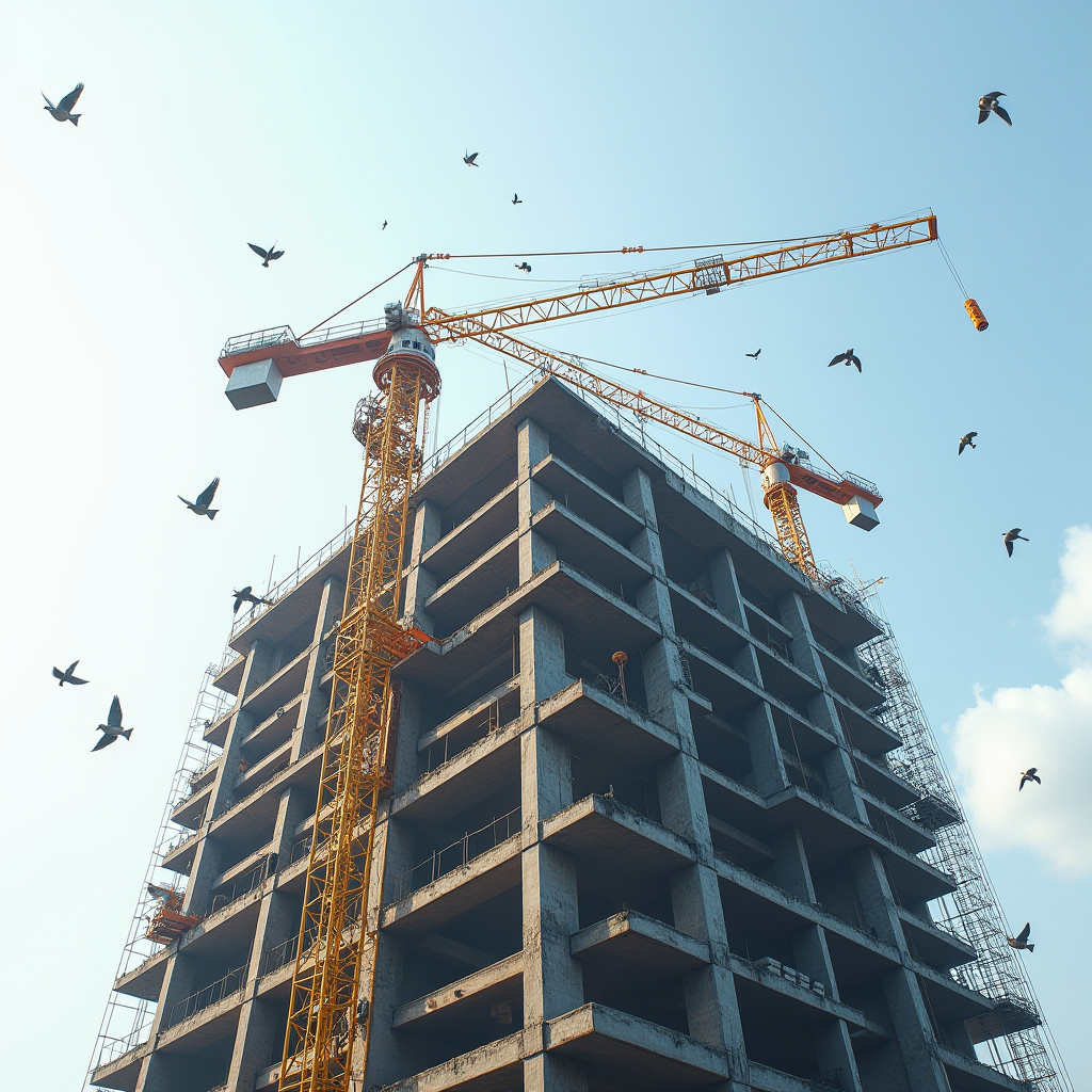 A high-rise building under construction, surrounded by cranes and silhouetted birds against a clear blue sky.