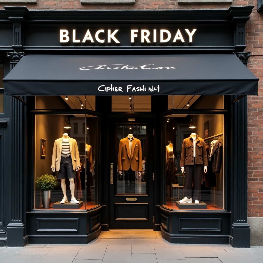 The image showcases the storefront of a fashion retail shop named Cipher Fashion. The entrance features an awning labeled 'BLACK FRIDAY' signifying a special sale. Inside, mannequins are dressed in elegant clothing, suggesting a chic and trendy fashion line. The window display is attractively lit, drawing attention to the styles on offer. This scene embodies the spirit of shopping and promotions during the holiday season, inviting customers to explore the latest trends.