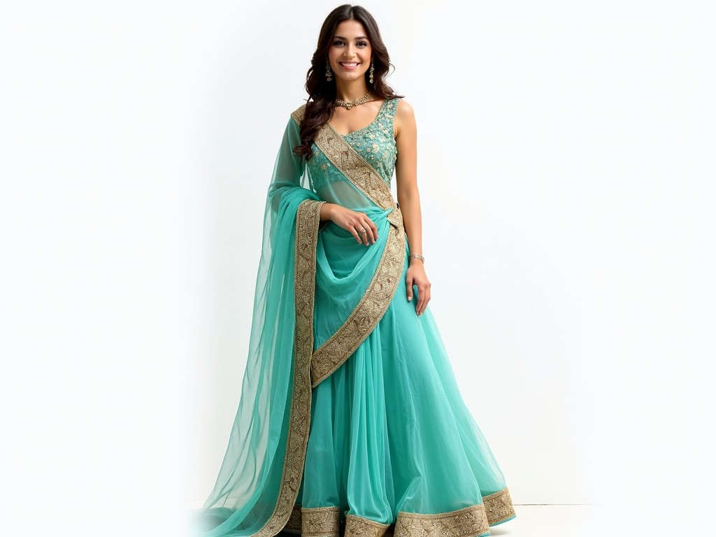 The image features a person wearing a stunning teal lehenga choli. The traditional Indian outfit is adorned with intricate embroidery and gold embellishments, adding to its opulence. The lehenga's textile appears to be a sheer fabric, giving it a flowing and elegant appearance. Set against a plain background, the outfit stands out beautifully.