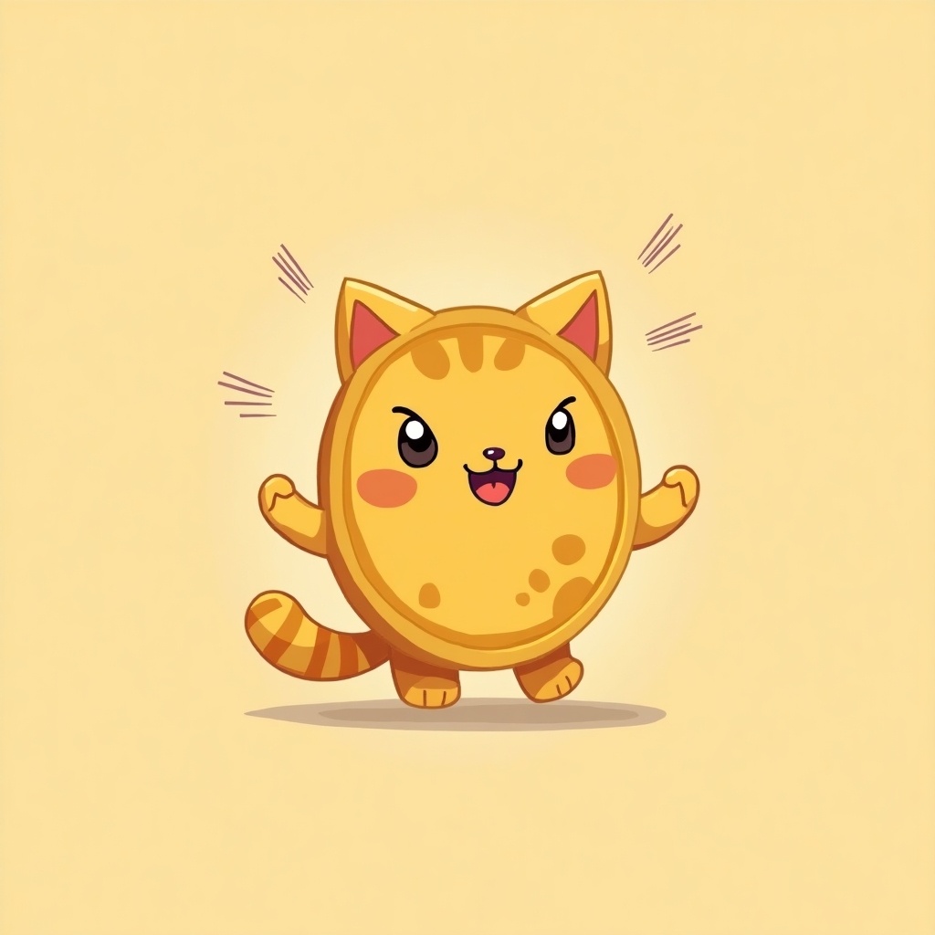 Cartoon character of a cute cat coin. Cheerful expression. Playful design. Solid background.