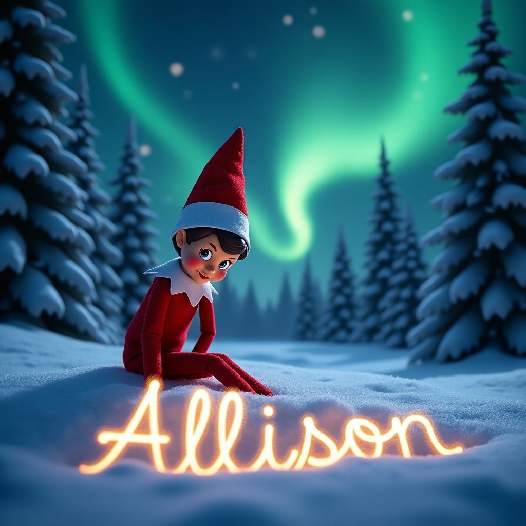 Animated elf in the snow. Elf writing name 'Allison' in snow. Name crafted in cursive. Illuminated and magical style. Night sky with northern lights. Snow-covered pine trees frame the scene.