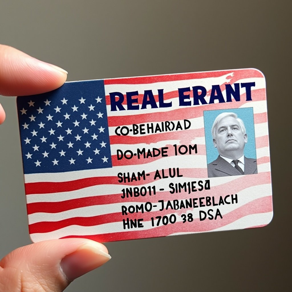 This image features a creative ID card designed with an American flag theme. The card showcases fictional details, including a name and address, alongside a headshot. It has a prominent red and white striped background with stars, enhancing its patriotic feel. The card is held by a hand, indicating its size and design. This concept can be used for various artistic or entertainment purposes.