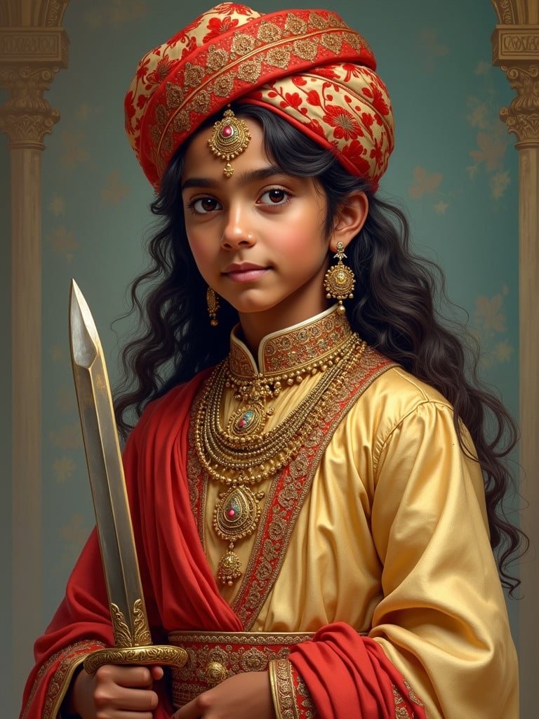 The image depicts an 11-year-old Indian Rajput prince dressed in royal attire. The prince showcases intricate jewelry and confidence while holding a sword. He has long wavy open hair and wears a leheriya fabric turban. The garments feature rich bright colors contributing to a royal look. The artwork emphasizes traditional elements of Indian culture.