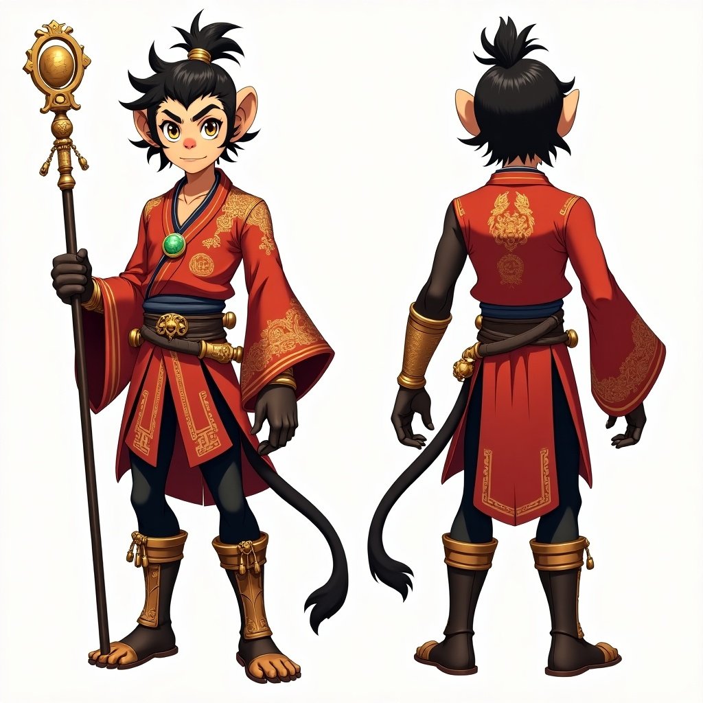 Character sheet of a cute anime boy mystic monkey with an agile build. Skin is golden brown with fur on collarbone and arms. Hair is black with gold streaks in a topknot. Sharp amber eyes. Wears a crimson tunic with golden dragon embroidery and black belt. Underneath, black pants and tall leather boots with gold trims. Golden necklace with jade monkey pendant. Decorated with gold cuffs and traditional cloth. Carries a slender magical staff.