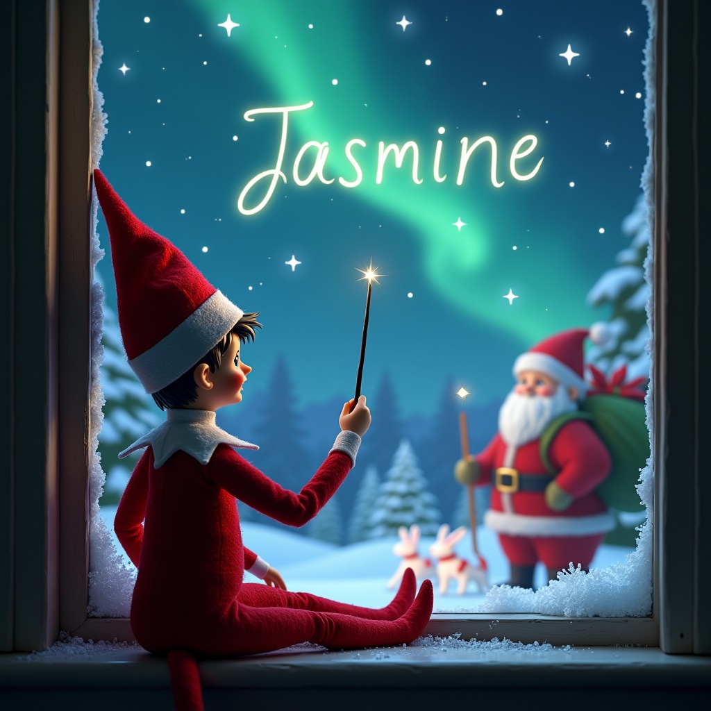 The image features an Elf on the Shelf sitting with its back to the viewer, gazing out a snowy window into a magical Christmas scene. With a wand in hand, the elf is writing the name 'Jasmine' in the starry sky above. The background is filled with twinkling Northern Lights, illuminating the dark sky. Outside the window, Santa Claus is visible, adding to the festive atmosphere. The scene evokes feelings of wonder and holiday spirit, perfect for a Christmas-themed illustration.