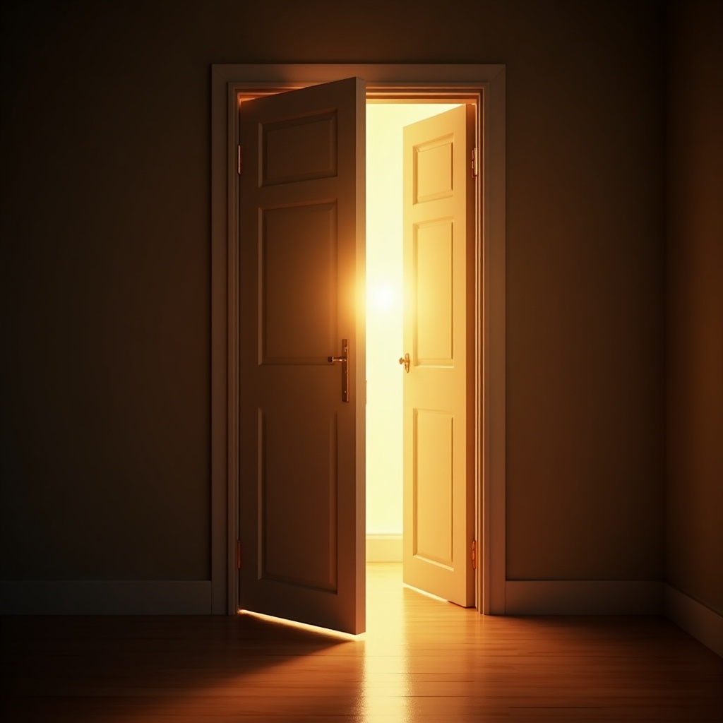 A door is slightly open. Warm light is shining through the doorway. This symbolizes an invitation. The scene conveys a sense of warmth and welcome.