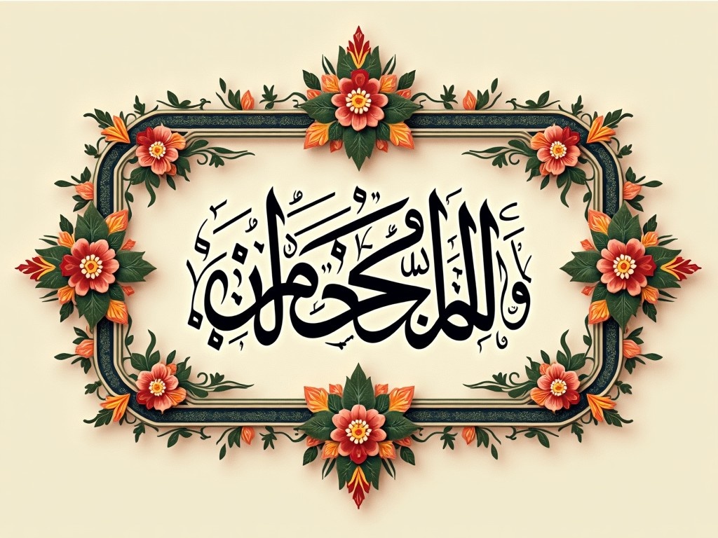 The image showcases an exquisite piece of Arabic calligraphy presenting a religious phrase. The calligraphy is elegantly framed within a decorative border enriched with vibrant floral designs. The background is a soft cream color, providing a gentle contrast to the black letters. Rich greens, reds, and yellows enhance the overall aesthetic, emphasizing cultural significance. This artwork is ideal for artistic presentations that celebrate Islamic heritage. It can serve various purposes, from wall decorations to printed materials. The intricate details invite viewers to admire the fine craftsmanship and spiritual essence.