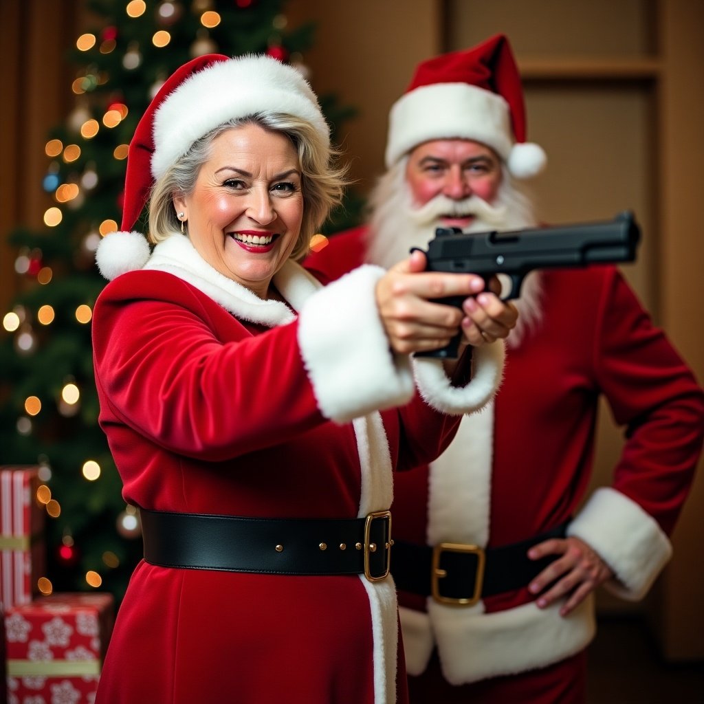 Playful holiday scene with Mrs. Claus and Santa Claus. Mrs. Claus holds a gun and smiles. Santa looks amused behind her. Both wear classic red and white Christmas outfits. A decorated tree and gifts are in the background. Warm lighting creates festivity. Evokes laughter and surprise.