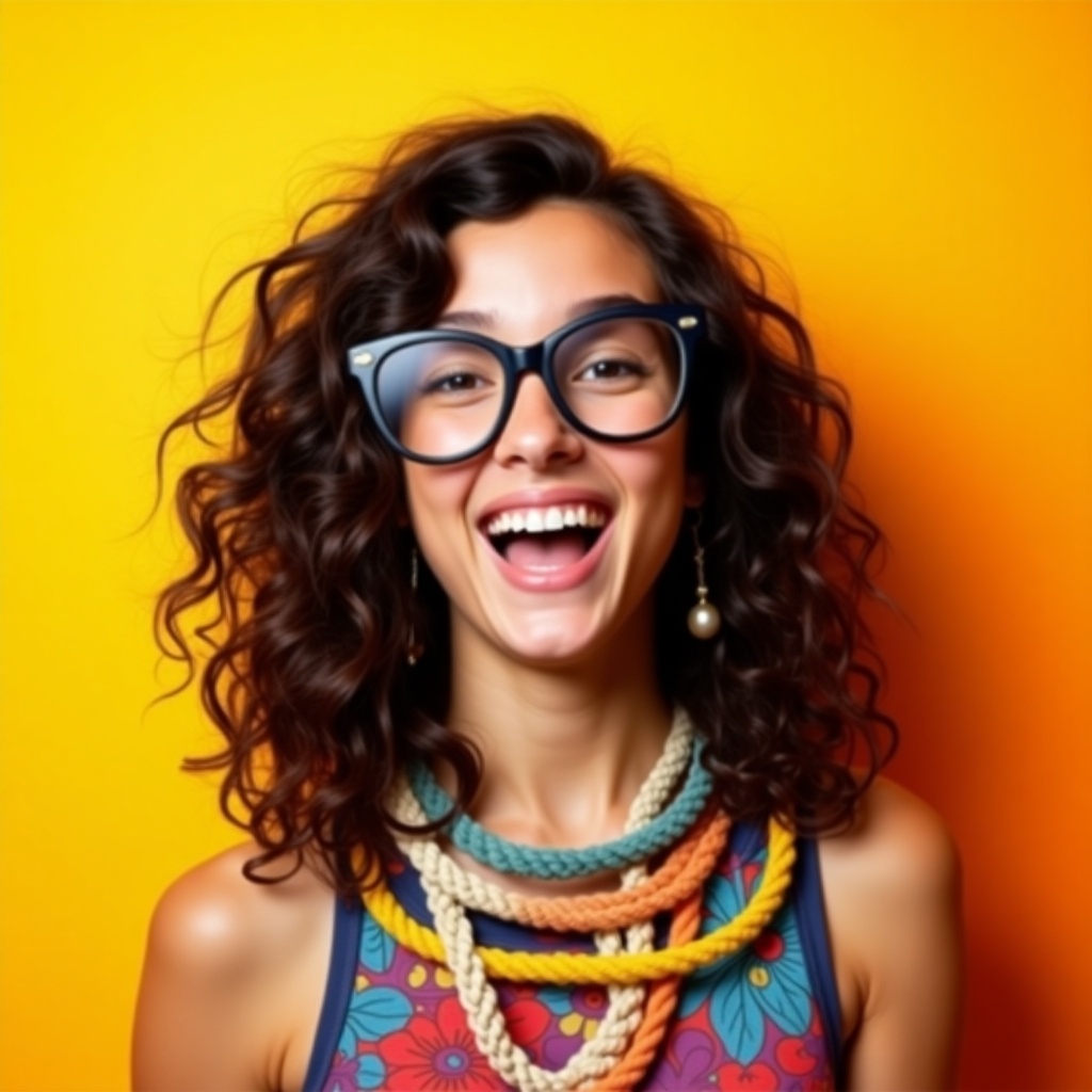 A young woman with dark, wavy hair and large glasses smiles broadly, showcasing a joyful and playful spirit. The background features a vibrant gradient from yellow to orange, adding to the lively atmosphere of the image. She wears a colorful top adorned with ropes around her neck, emphasizing her unique style. Her expression radiates happiness and warmth, making the viewer feel uplifted. This portrait captures the essence of youthful exuberance and creativity.