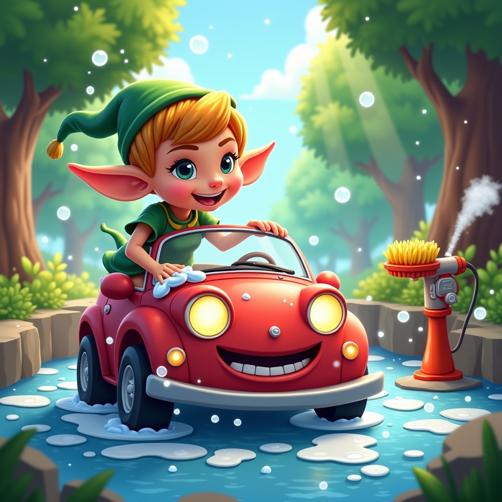 Elfy's car wash scene. Elf character driving a red convertible in a cheerful setting. Bubble effects in the background with trees.