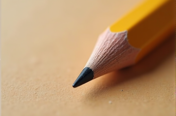 A close-up of a sharpened yellow pencil resting on a smooth, beige surface.