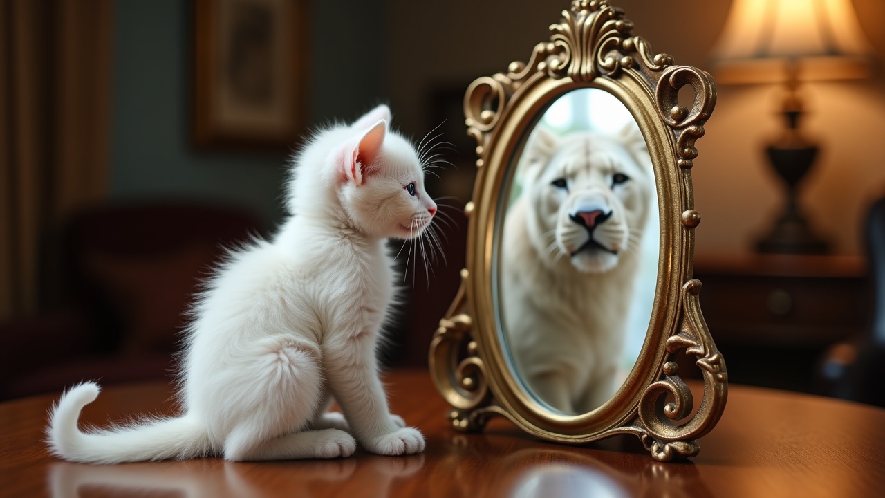 A kitten looking at a lion's reflection in an ornate mirror