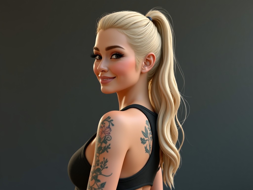 Illustration of a smiling woman with a tattoo looking back, detailed digital art