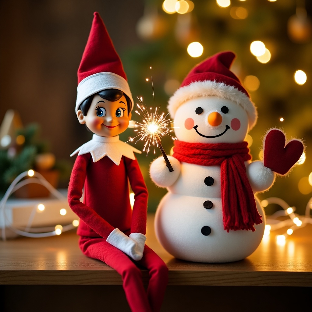 Cheerful elf with snowman during Christmas. Wooden table features twinkling lights. Elf dressed in red and white. Snowman has friendly smile with red scarf. Sparkles represent the name 'Leah'. Inviting holiday atmosphere.