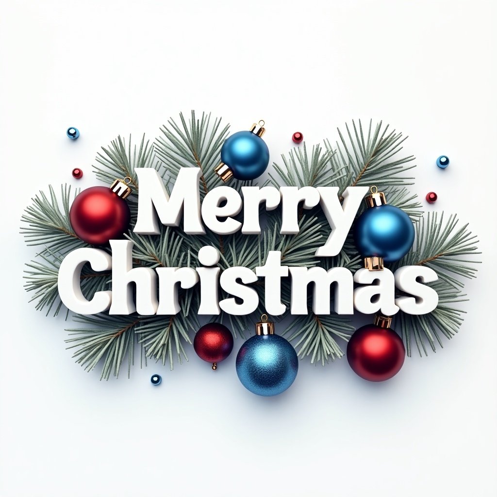 3D text saying Merry Christmas is white. Decorative elements include blue and red ornaments. Pine branches add a festive touch. Silver accents enhance the design.