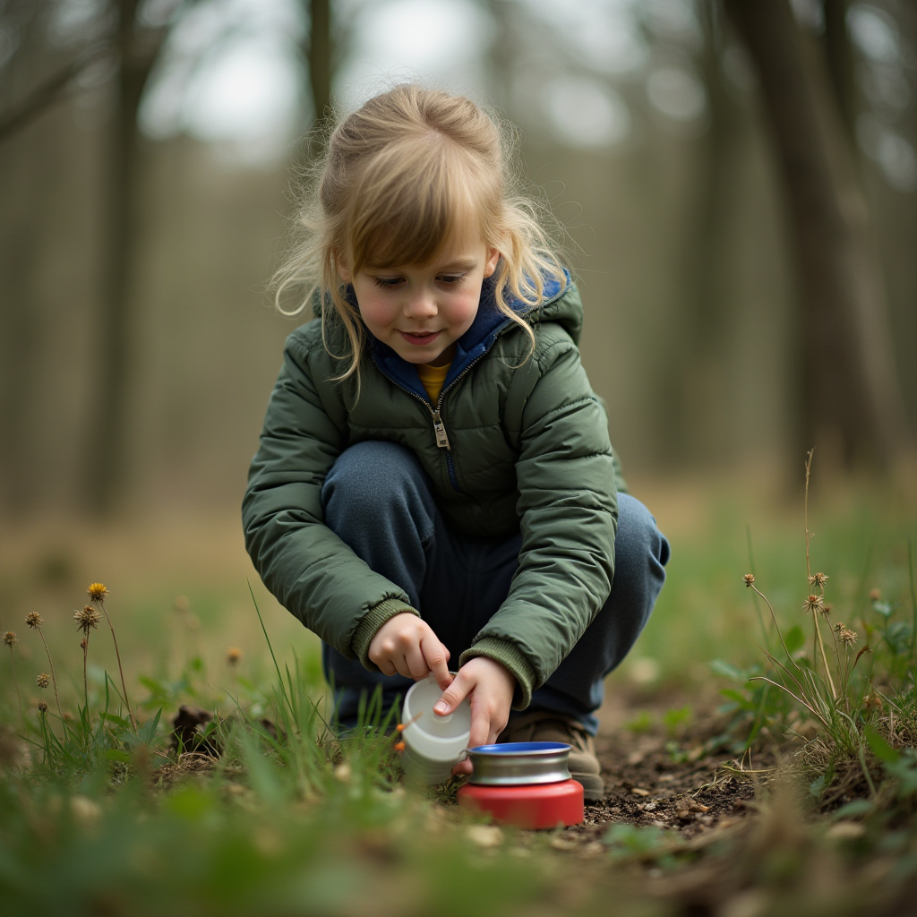 A child crouches in a forest, investigating a small red container on the ground.