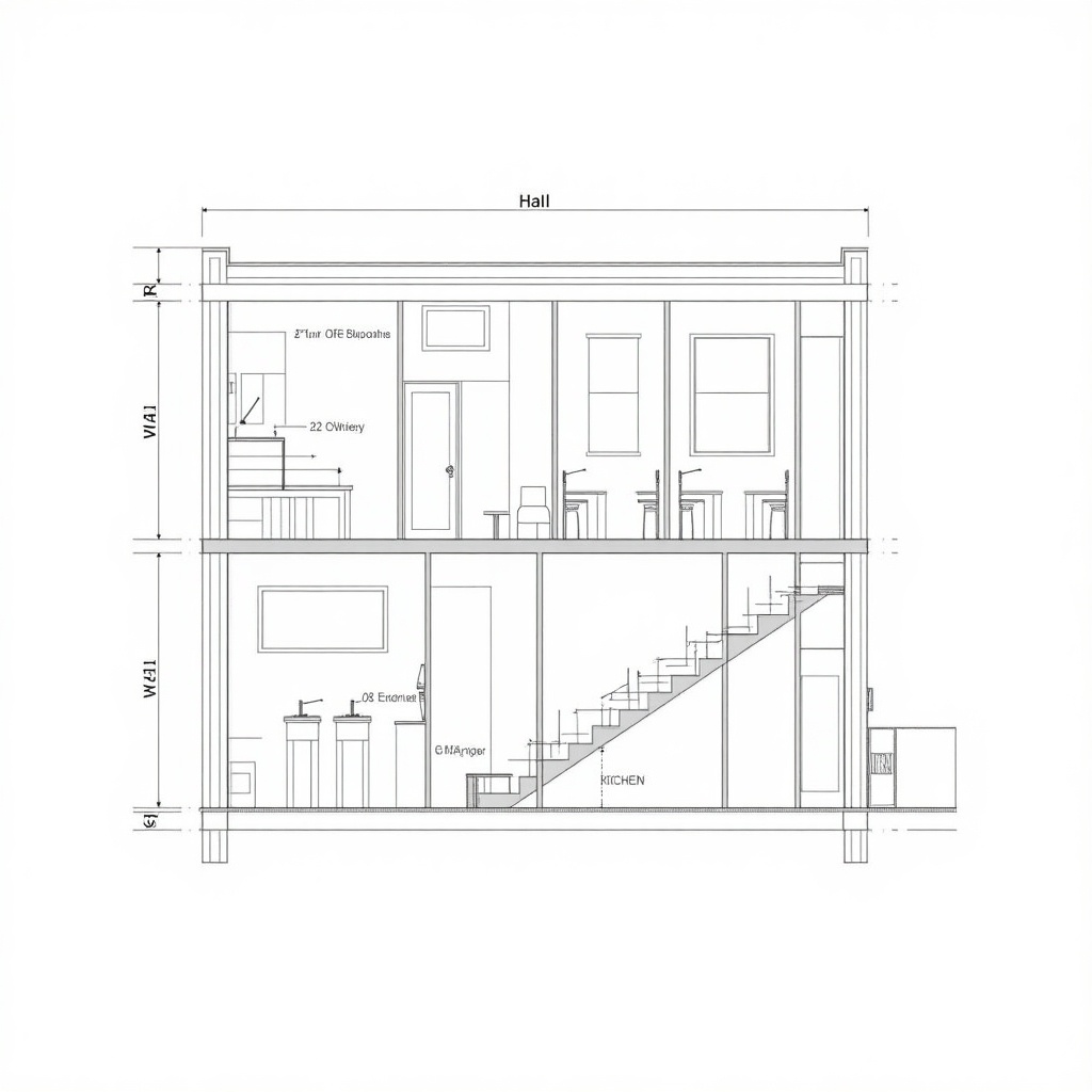 Architectural section plan of a two-story building. Displays kitchen, hall, WC. Includes measurements and annotations. Clearly marks windows and doors. Highlights staircase. Shows interior furnishings like tables and cabinets.