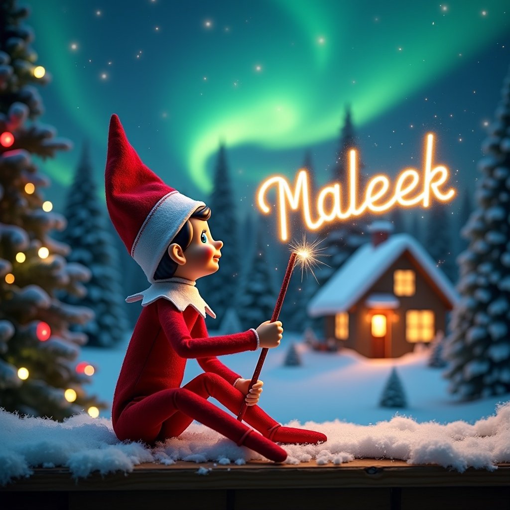 An elf on the shelf sits with its back to the viewer, gazing skyward. It holds a glowing wand that emits sparkling light. The background showcases a charming Christmas scene with colorful northern lights swirling above. In the distance, a cozy house can be seen, decorated for the holidays. Snow covers the ground, adding to the winter atmosphere. The elf is in a playful position, embodying the spirit of magic and wonder associated with Christmas. The name Maleek is written in the air using the wand, creating a sense of holiday cheer.