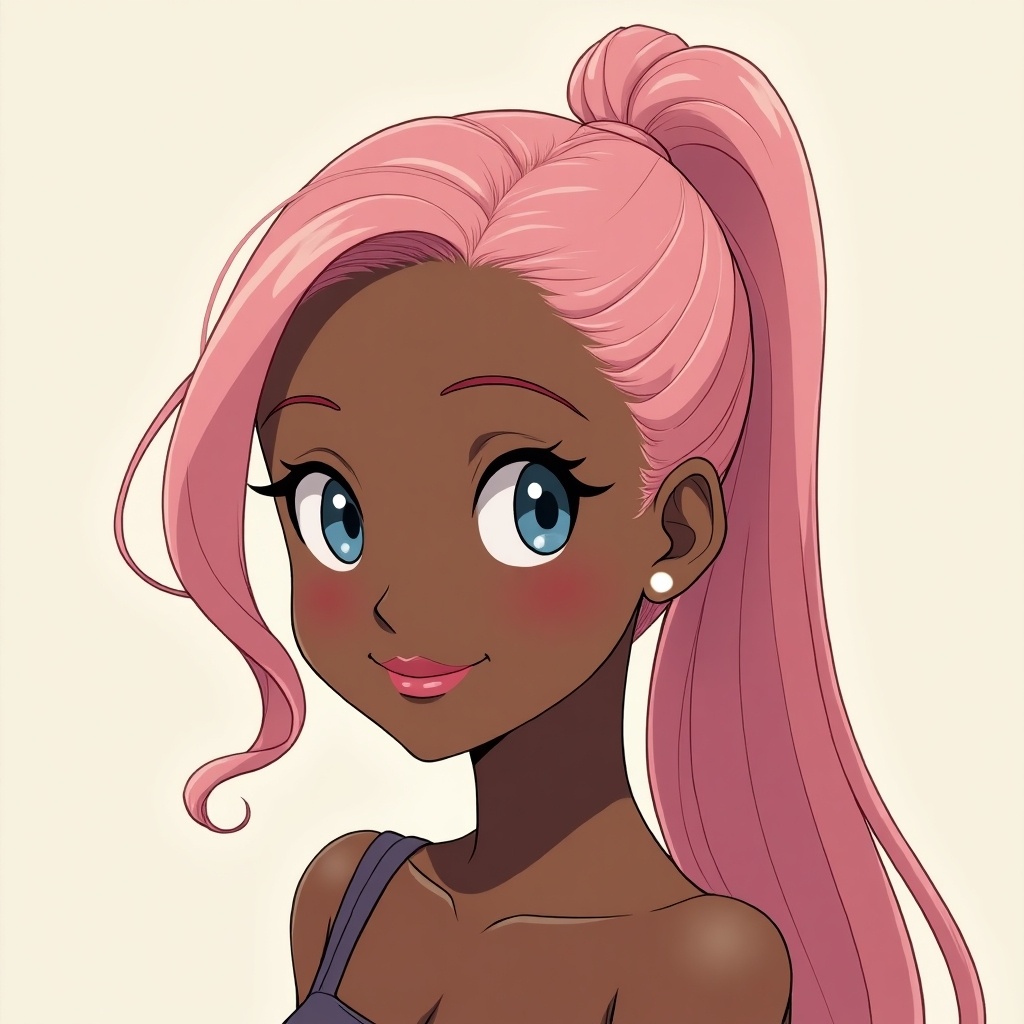 Anime character design. Dark-skinned girl. Long pink hair in a ponytail. Short and curvy. Smiling expression. Attractive figure.