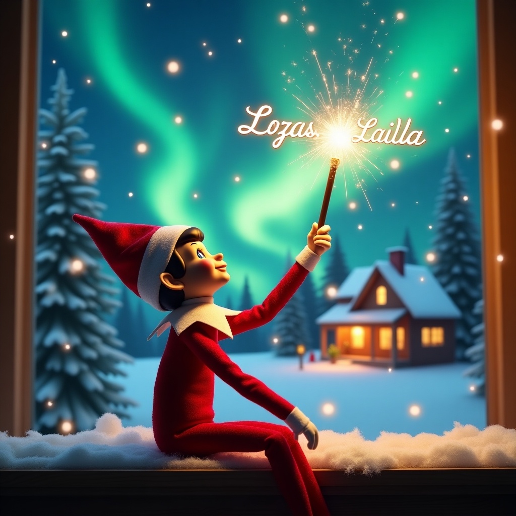 Elf on the shelf gazes skyward. Holds glowing wand. Sparkling light emitted. Background features colorful northern lights. Cozy house in distance decorated for Christmas. Snow covers the ground. Elf embodies magic and wonder of Christmas. Name ‘Josh, Enzo & Laila’ written with wand.