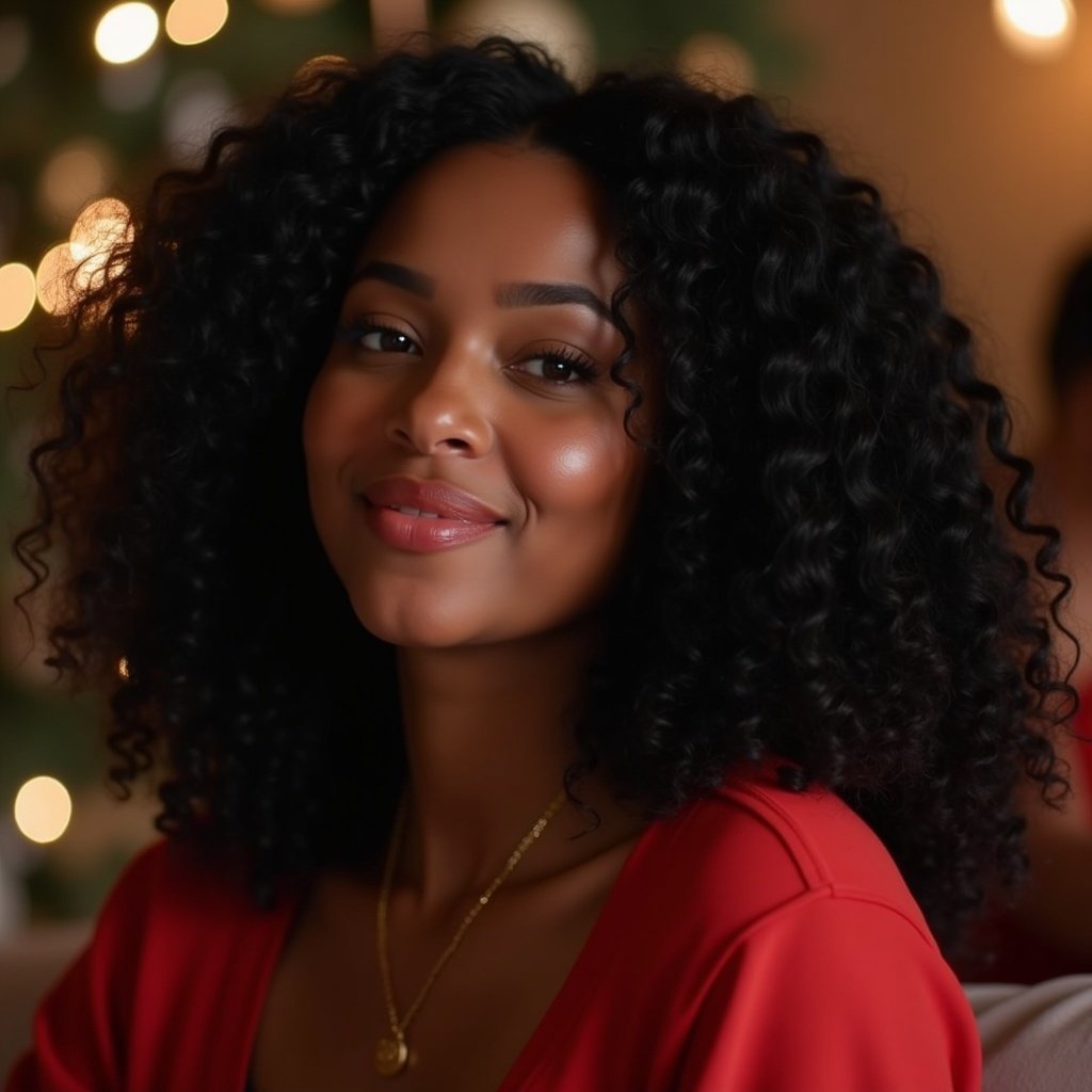 A chubby woman with wavy black hair and brown skin is portrayed on Christmas Eve. The setting is decorated with warm holiday lights creating a cozy atmosphere.