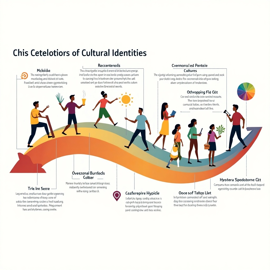 Infographic illustrates stages and elements of developing cultural identities. Colorful curve represents journey of cultural understanding. Characters engage in cultural practices over time. Symbols highlight diversity and complexity of culture. Engaging design educates viewers on identity formation and expression in communities.