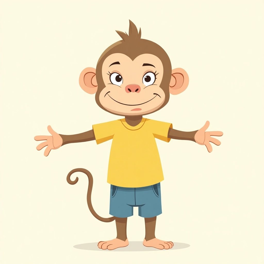 Design a cheerful young monkey character styled like 'Lolek and Bolek.' The monkey has a round head and minimalistic features. Display in T-pose showing different angles. The monkey wears a yellow shirt and blue shorts. Include expressions like happy and sad. The look is vintage with clean colors for 2D animation.