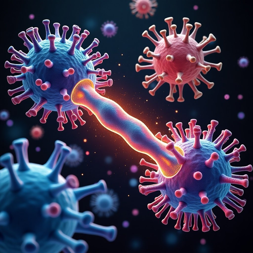 This image illustrates the interaction between T and B immune cells. Brightly colored representations of the immune cells are shown in a dynamic space. The focal point is the connection between the two types of cells, highlighted with an orange glow. The background features a dark, slightly blurred setting to emphasize the cells' vibrancy. This composition effectively captures the complexity of the immune response in a visually engaging manner.