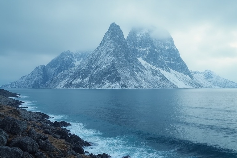 A scenic view of imposing mountains beside a tranquil sea with rocky shores. The landscape features snow-capped peaks and soft waves in a cool color palette. Overcast skies create a calm atmosphere.