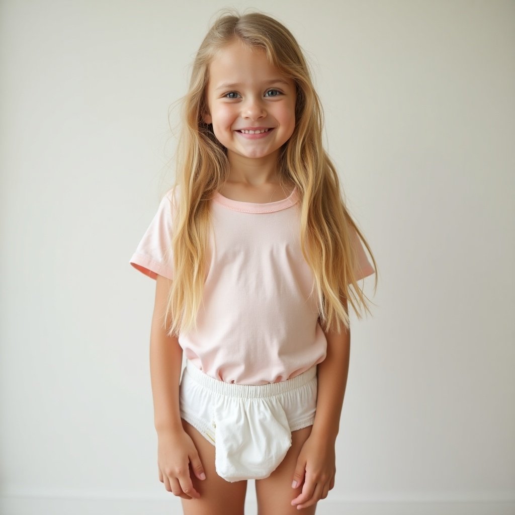 Image shows a ten year old girl with long blond hair in a white diaper and a pink t-shirt. She has a playful expression. The photo is brightly lit and focuses on her smiling stance.