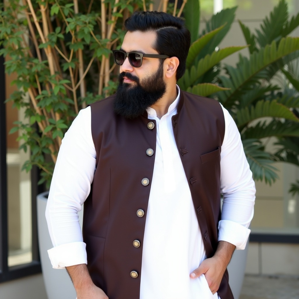 Man stands outside. He wears white shalwar kameez and a dark waistcoat. Thick beard and stylish sunglasses. Background has greenery and a reflective window. It is a sunny day.