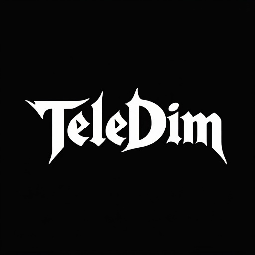 Stylized text TeleDim in white color with metalcore band font on a black background. Simple graphic design.