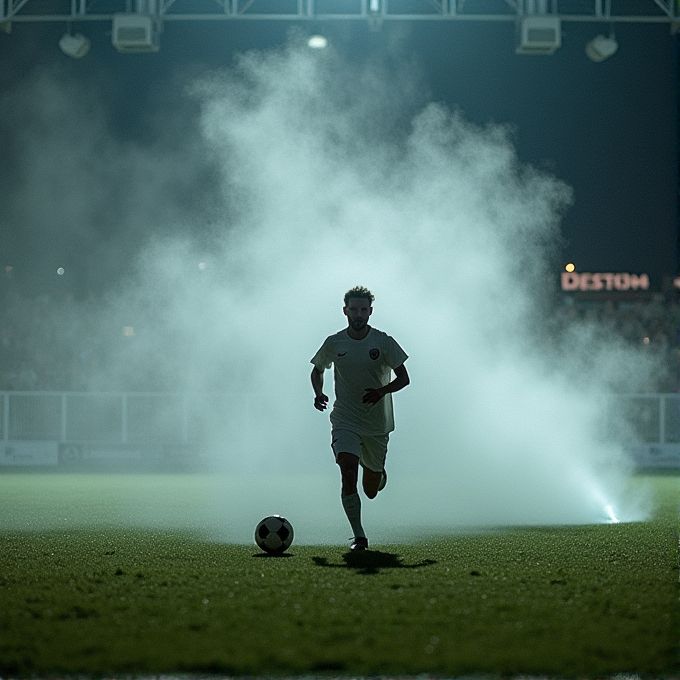 A soccer player in silhouette runs on the field with mist from a smoke flare in the background, creating a dramatic nighttime scene.