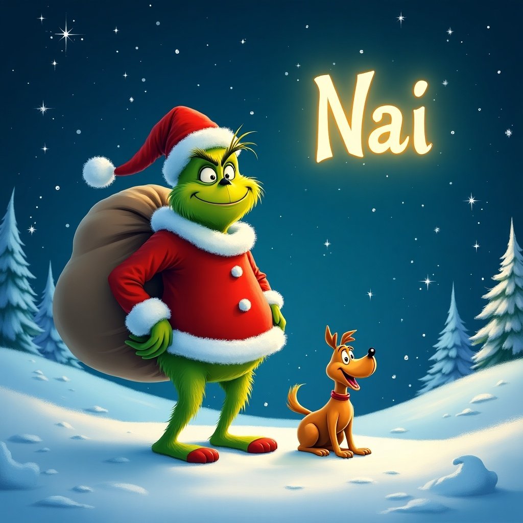 Charming snowy landscape features vibrant Grinch in Santa outfit. Grinch carries a large sack with a joyful dog named Max beside him. The night sky is twinkling with stars. The word 'Nai' glows above them.