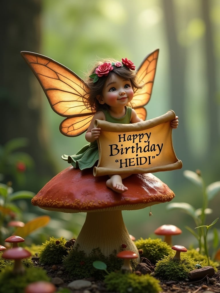 Fairy sitting on a mushroom in a lush forest. Holding a scroll with a birthday message in elegant script. A celebration scene with vibrant colors and enchanting elements.