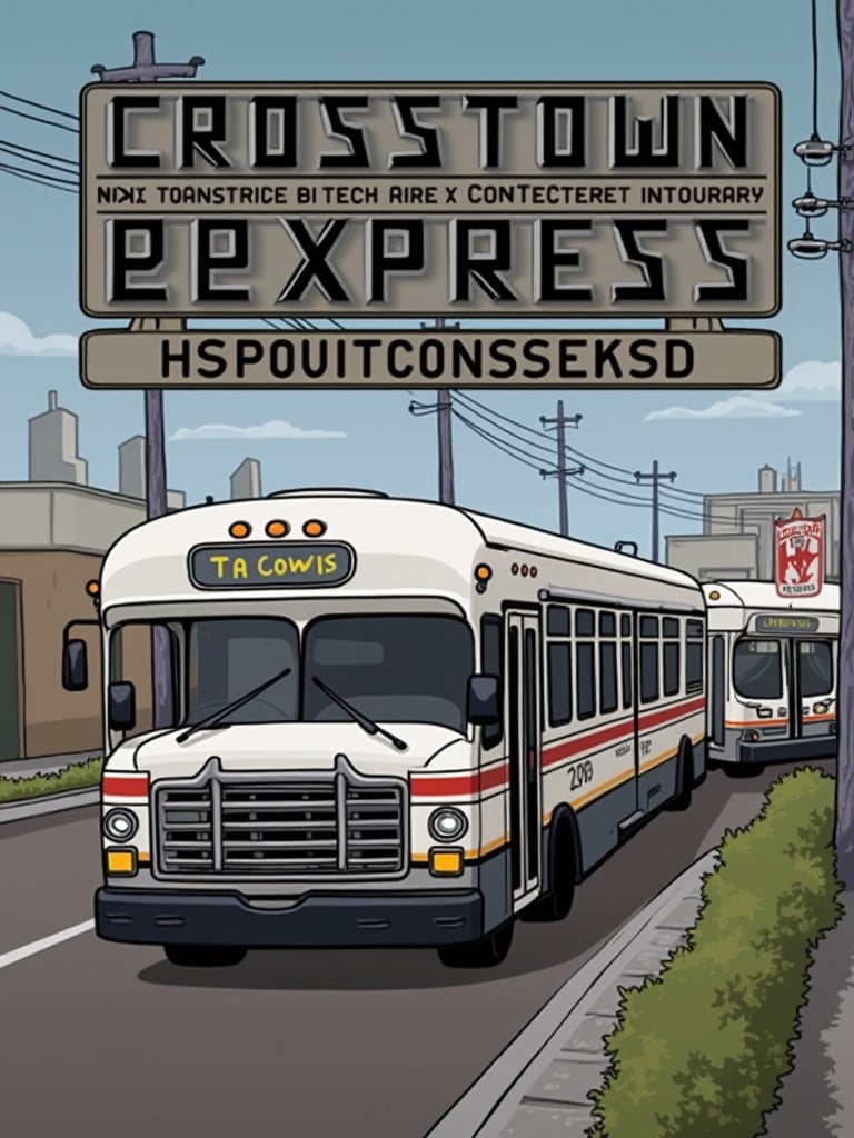 Illustration featuring a city bus labeled Crosstown Express. The bus drives down a street with power lines and buildings in the background. Another bus is visible behind the first. The style is cartoonish, combining humor with urban imagery.