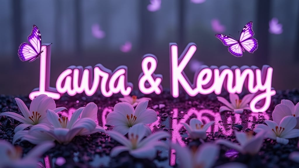 Purple butterflies flutter near delicate white lilies. The name Laura & Kenny appears in a large glowing metal-like font. A subtle reflection effect enhances the visual allure.