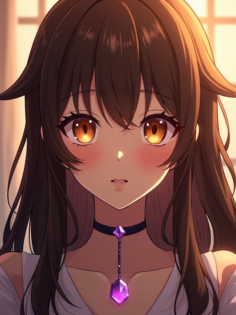 Anime illustration featuring a girl with long brown hair and orange eyes. She wears a purple gemstone necklace. The image is illuminated with warm lighting.