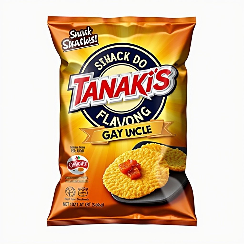 Distinct bag of snacks. Tanaki's chip bag. Gay Uncle flavor. Vibrant colors. Appealing graphics. Attracts adventurous taste preferences. Visually striking design. Reflects modern branding.