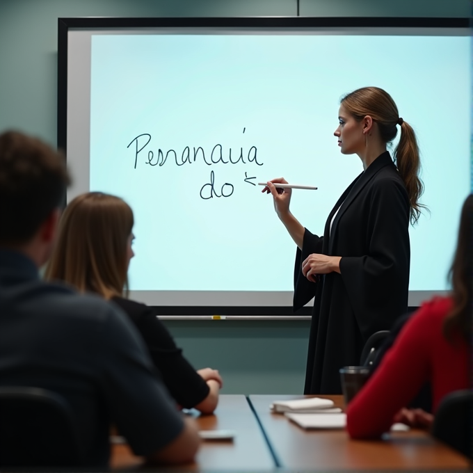 A woman stands at a whiteboard writing in a classroom, engaged with students seated at desks.