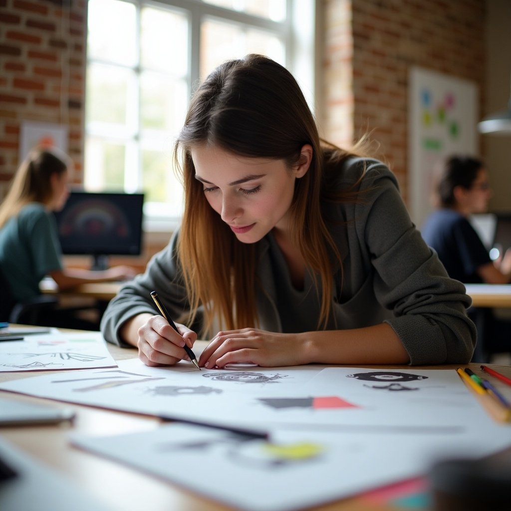 Dynamic creative workspace with focused young woman on hands-on project. Surrounded by sketches and design materials. Natural light enhances inviting atmosphere. Background has another person working on computer, indicating collaboration.