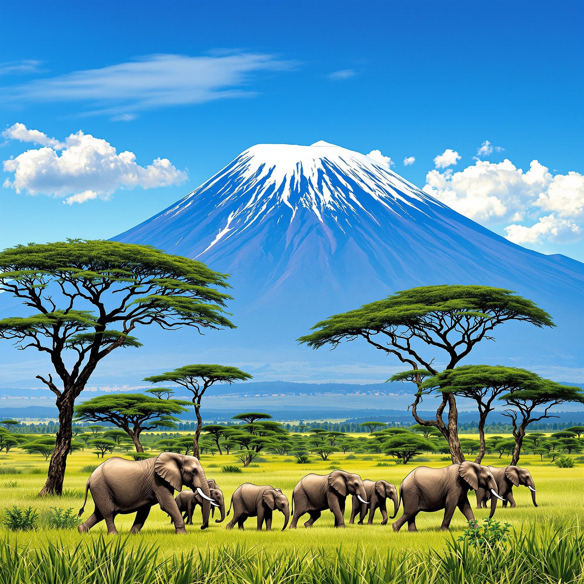 High-definition image of a herd of elephants walking on green grass. Surrounding acacia trees typical of the African savannah. Mount Kilimanjaro in the background under a clear blue sky. Snow-capped peak shines brightly. Elephants in sharp focus, including adults and calves. Serenity and beauty of African wildlife and landscape. Trees add depth without obstructing mountain view.