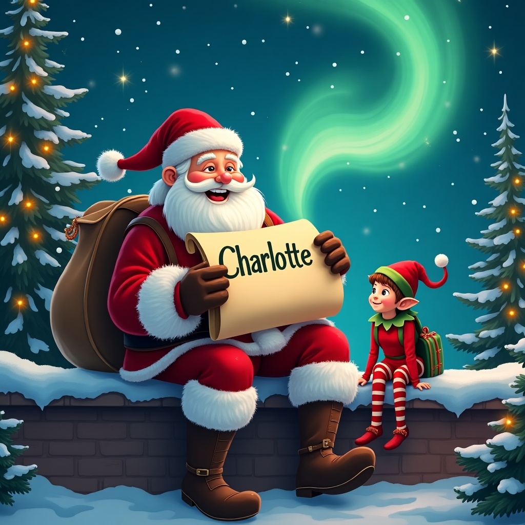 In a cozy winter scene, Santa Claus is sitting on a ledge with a joyful expression. He is holding a scroll that features the name Charlotte, as the northern lights swirl in the night sky. An elf sits beside him, adding a playful element to the scene. Christmas decorations are visible, enhancing the festive atmosphere. The background features snow-covered trees and a whimsical sparkle in the air, suggesting a magical holiday evening.