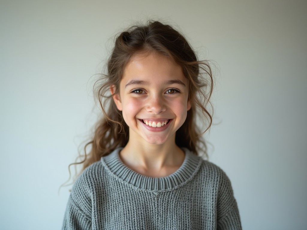 This is a close-up image of a girl wearing a cozy sweater. She has a warm, bright smile that exudes happiness and friendliness. The background is minimal and professional, allowing the focus to remain on her cheerful expression. The lighting is soft, enhancing her features and the texture of her clothing. This image captures a youthful and carefree spirit, perfect for various marketing or educational purposes.