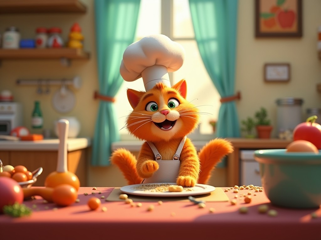 This image features a cheerful orange cat dressed as a chef, complete with a white chef's hat. The cat is sitting at a kitchen table, happily engaged in cooking. Surrounding the cat are various fresh ingredients like tomatoes and carrots. The kitchen is bright and inviting, with colorful decor that adds to the playful atmosphere. This animated cat character exudes joy and a love for cooking, appealing to children and families alike. The overall feel of the image is warm and cheerful, making it perfect for any kid-friendly content.